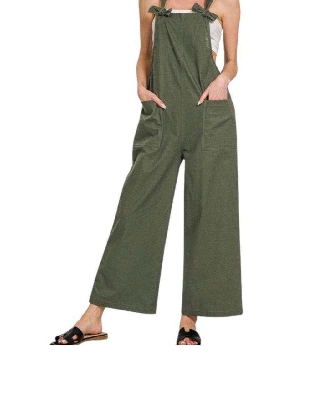 Zenana New Dark Olive Knotted Wide Leg Stretch Cotton Overall Jumpsuit S M L